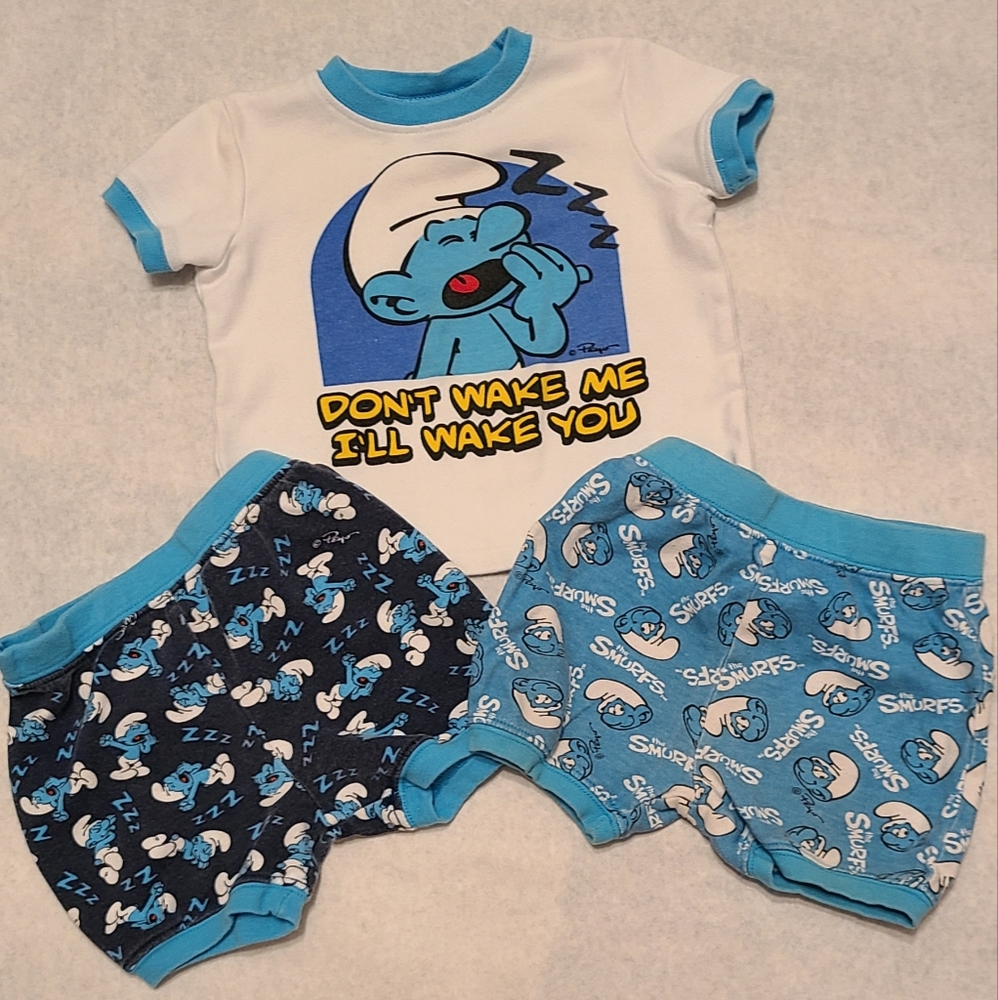 Smurfs 3 piece pajama set, tee shirt top and two matching short bottoms